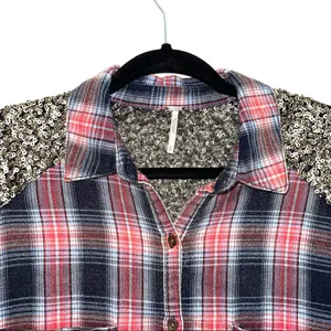 Little Bit of Sugar Red Plaid Sequin Tunic Flannel Shirt thumbnail 4