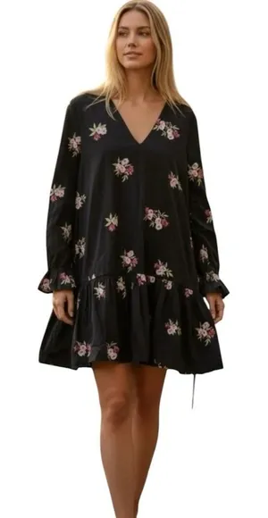 ASOS Women's Floral Embroidered Drop Waist Mini Dress Size 10 Black Boho Chic‎ thumbnail 1