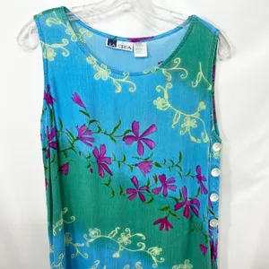 VTG La Cera Medium Midi Dress Blue Green Floral Sleeveless Beach Vacation 1018‎ thumbnail 5