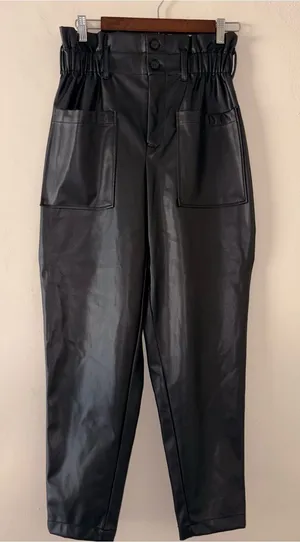 Just Fab High-Waist Faux Leather Paperbag Pants - Black thumbnail 1