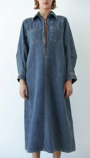 Zara Dress oversize midi denim jeans long sleeve collar casual thumbnail 4