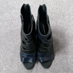 Rebecca Minkoff Sonny Embossed Peep Toe Wedge Booties Size 9 Navy Blue Black thumbnail 4
