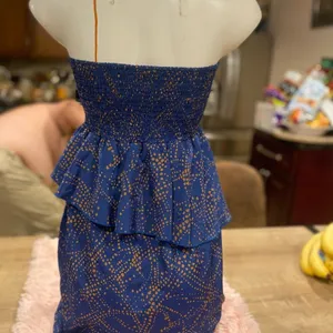 Every Strapless Peplum Mini Dress Womens Size Small Blue Tan Polka Dot Smocked B thumbnail 2