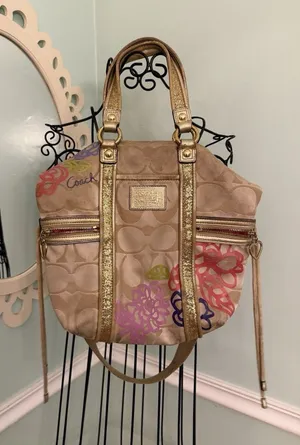 Coach Poppy Applique Gold Multi Crossbody Bag Floral Purse thumbnail 1