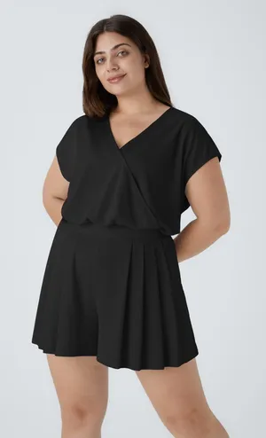 Halara V~Neck SS Pocket Waffle Weave Romper Easy Peezy SZ XL Black Pleated Short thumbnail 1