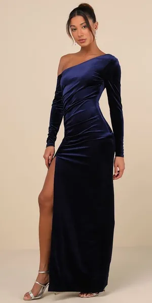 NWT Lulus Notorious Icon Navy Blue Velvet Asymmetrical Maxi Dress Gala Size XL thumbnail 1