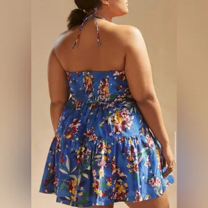 Anthropologie Emily Halter Mini Dress Small Floral Cut Out Ruched Open Back Blue thumbnail 2