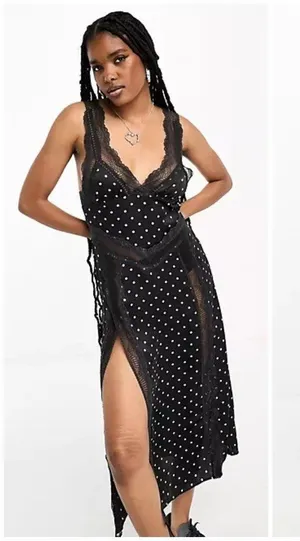 INTIMATELY FREE PEOPLE Bad For You Slip Dress ~ Black Polka Dot Print Lace L NWT thumbnail 7