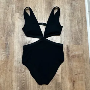 Aerie | NWT Woman's Black Real Good‎ Ribbed Cutout One Piece Swimsuit, Size L thumbnail 3
