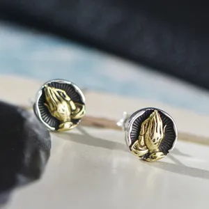 925 Silver Plated Praying Hands Stud Earrings for Men Women,Punk Hip Hop Earrings thumbnail 4