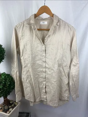 Uniqlo 100% Linen Tan Long Sleeve Button Blouse Top M thumbnail 2