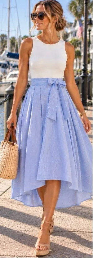 💥NWT Hutch Blue White Seersucker Stretch Knit Tie Waist Midi Dress Sz 4🧡 thumbnail 1
