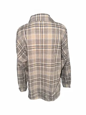 Classic Tan Beige Plaid Long Sleeve Button Down Shirt Blouse Casual Fall Size XL thumbnail 4