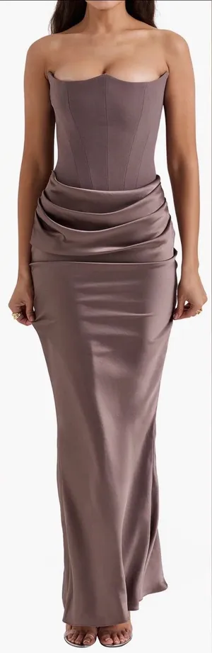 NEW HOUSE OF CB Persephone Strapless pebble gray crepe Evening Dress Sz S thumbnail 1