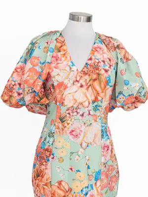 Jewel Badgley Mischka - Floral Puff-Sleeve Cocktail Dress thumbnail 5