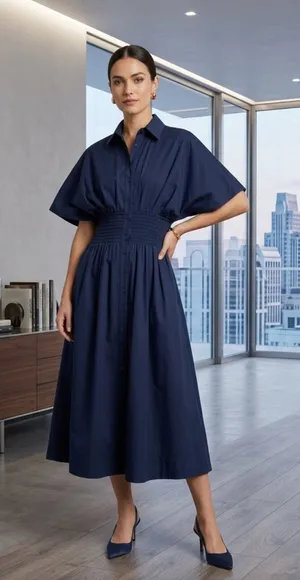 Quince Stretch Cotton Poplin Pleated Midi Shirt Dress Deep Navy Womens Size S thumbnail 1