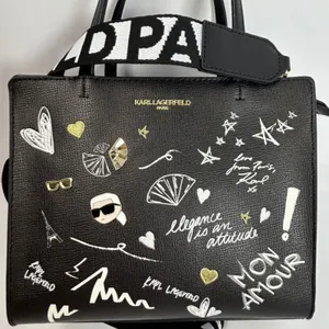 Karl Lagerfeld Paris Black Leather Graffiti Tote Bag‎ Crossbody Strap thumbnail 4