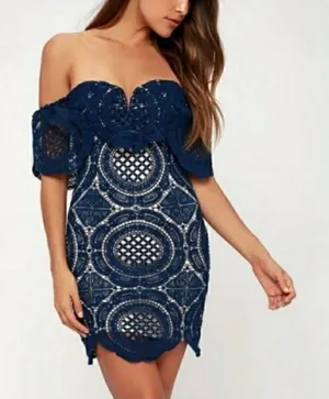 Lulus Bellisimo Navy Blue Lace Off Shoulder Bodycon Dress Size Medium NWT thumbnail 1