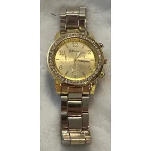 Geneva Gold Tone Rhinestone Bezel Faux‎ Chrono Quartz Analog Women's Wrist Watch thumbnail 3