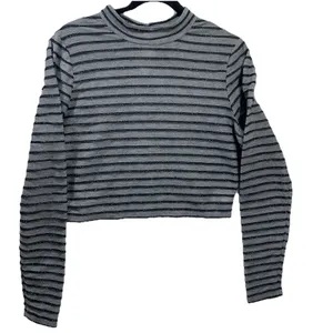 Wild Fable Crop Top Womens Large Gray‎ Metallic Striped Mock Neck Long Sleeve L thumbnail 1