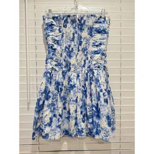 Abercrombie & Fitch Elan Drop Waist Strapless Dress Small Tall Blue White Floral thumbnail 3