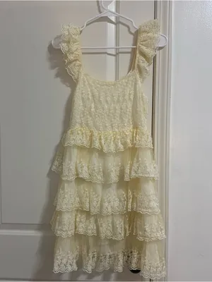 LoveShackFancy Pale Yellow Lace Ruffled Tier Dress thumbnail 3
