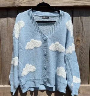 SHEIN Women Blue Cloud Knit Cardigan V-Neck Button Front Sweater Size M thumbnail 1