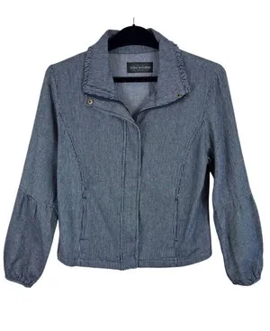 Live A Little Blue White Pinstriped Full Zip‎ Collared Jacket Pockets Size S thumbnail 1