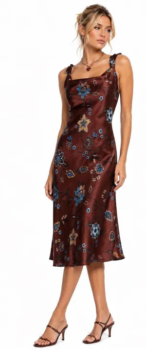 Vintage Y2K Faith Love Passion Brown Floral Cowl Neck Sleeveless Midi Dress thumbnail 1