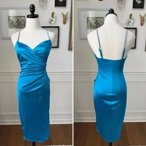 Camille La Vie Brilliant Blue Satin Ruched Cocktail Dress Rhinestone Straps M thumbnail 2
