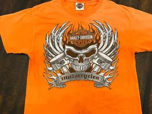Harley Davidson Shirt Mens Medium Orange Short Sleeve Graphic Tee Biker Skull thumbnail 2