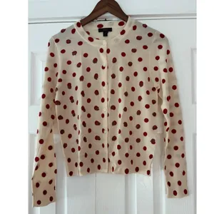 J.Crew Tippi Cardigan Sweater ‎ Medium Merino Wool Polka Dot Sequin Cream Red thumbnail 3
