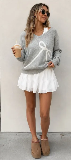 American Eagle Heather Grey Coquette Bow V-Neck Sweater Womens Size Large New thumbnail 1