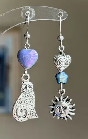 Handmade boho whimsy celestial cat quality Czech glass beads dangle earrings💜🐈 thumbnail 1