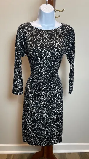 Michael Kors Black Animal Print Long Sleeve Bodycon Dress Ruched Waist Size S thumbnail 1