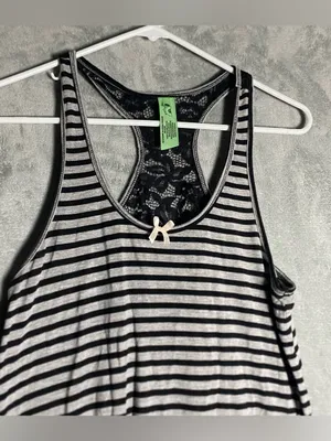 2000s MySpace emo Black &‎ White Striped Lace-Back Tank grunge XL thumbnail 2