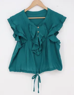 Unbranded Blouse Womens M Boho Ruffle Sleeve Teal Green Pintuck Pleated Exc thumbnail 1