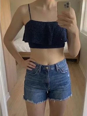 Hollister Eyelet Ruffle Adjustable Spaghetti Strap Crop Tank Top Navy Blue XS thumbnail 1
