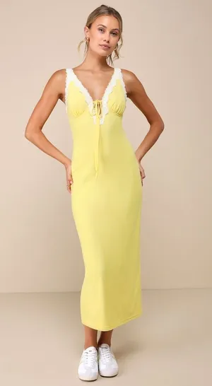 NWT Lulus Ray of Charm Yellow Mesh Lace Sleeveless Midi Dress Romantic Size XS thumbnail 1