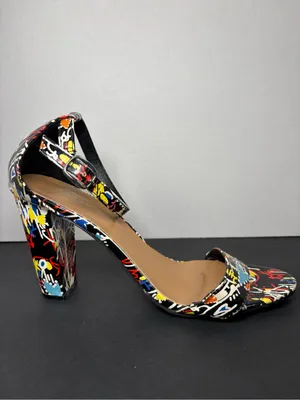Block Heels BAMBOO Black Multi-Color Graffiti Ankle Strap Sandals thumbnail 3