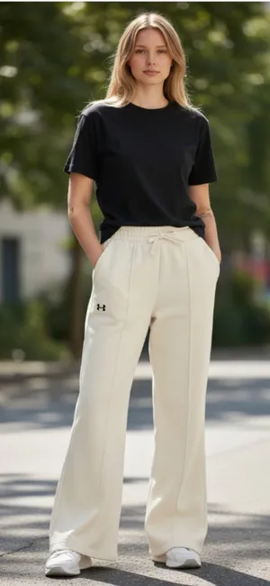 NWT Under Armour Womens Cream Rival Fleece Wide Leg Textured Sweatpants XL thumbnail 1