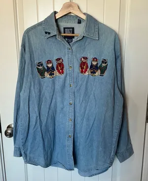 Vintage 90s Quizz Embroidered Cat Button Up W18 Blue thumbnail 1