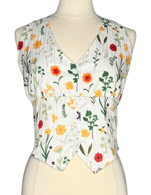 Floral Crop Top Halter Button Up Smocked Open Back Boho Cottagecore White XL thumbnail 1