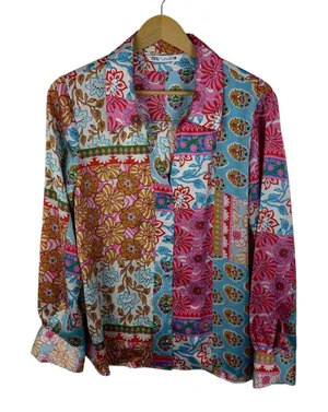 Zara Floral Patchwork Button Up Blouse Large Multicolor Maximalist Colorful‎ Art thumbnail 1
