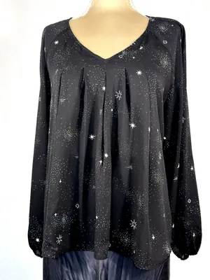 Women Blouse Large Black Celestial Star Print Sheer Whimsigoth Witchy Top thumbnail 3