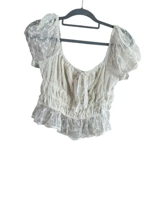 Japna Women's White Lace Puff Sleeve Crop Top M thumbnail 6