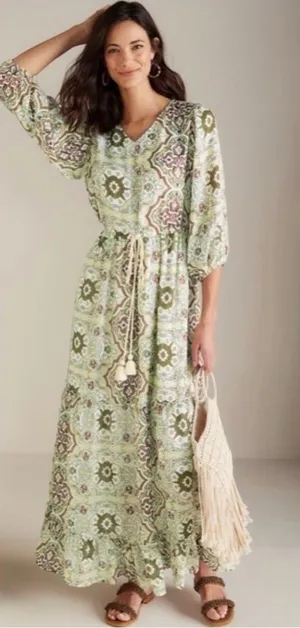 NWT‎ Soft Surroundings Zia Maxi Dress Womens XL Balloon Sleeve Medallion Tassel thumbnail 1