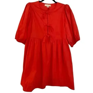 Band of the Free LA red cotton pocket dress puff sleeve tie bust M thumbnail 2