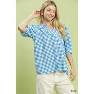 Umgee Gingham Puff Sleeve Collared Blouse - Blue -‎ Small thumbnail 2