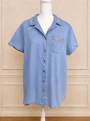 Vntg 1980s Oh! Mamma Maternity Denim Tunic Shirt L Floral Embroidered Maternity thumbnail 1